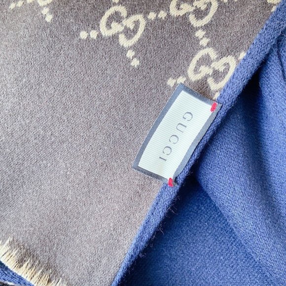 Authentic Gucci GG Logo Brown Blue 35x180cm/14”x71" Wool/Silk Shawl Scarf - Picture 9 of 10